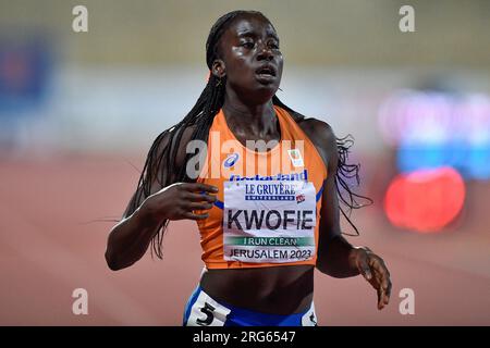 Gerusalemme, Israele. 7 agosto 2023. GERUSALEMME, ISRAELE - 7 AGOSTO: Shantell Kwofie dei Paesi Bassi durante 200m Women Heptathlon il giorno 1 dei Campionati europei di atletica leggera U20 a Gerusalemme il 7 agosto 2023. (Foto di Pablo Morano/Agenzia BSR) credito: Agenzia BSR/Alamy Live News Foto Stock