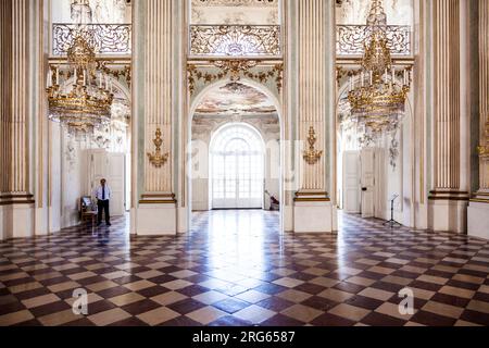 MONACO di BAVIERA, GERMANIA - 8 LUGLIO: All'interno del castello di nymphenburg il 8,2011 luglio a Monaco di Baviera, Germania. La sala in pietra presenta affreschi rococò dell'artista Zimmermann e de Foto Stock