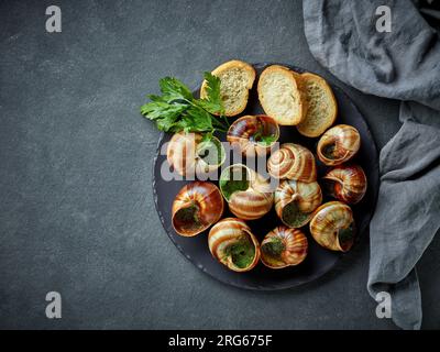 piatto di lumache di escargot al forno ripiene di prezzemolo e burro all'aglio su sfondo grigio, vista dall'alto Foto Stock