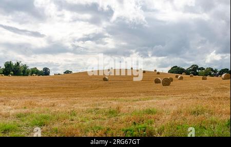 Balle di fieno in una fattoria con il cielo nuvoloso su una collina in basso nella contea Foto Stock