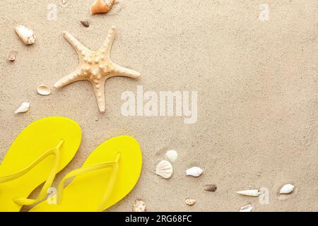 Infradito con conchiglie e stelle marine sulla sabbia Foto Stock