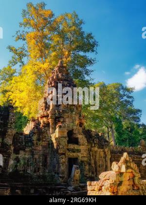 Rovine incantevoli: Antiche torri di Preah Khan che si fondono con il paesaggio forestale autunnale cambogiano. Foto Stock