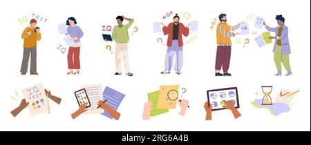 Test IQ set piatto di caratteri umani isolati e icone di punti interrogativi con mani e puzzle illustrazioni vettoriali Illustrazione Vettoriale