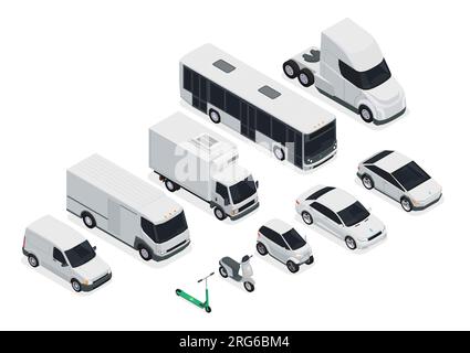 Set di icone isometriche per il trasporto elettrico con illustrazione vettoriale isolata per elettrocellulari autobus e motociclette Illustrazione Vettoriale