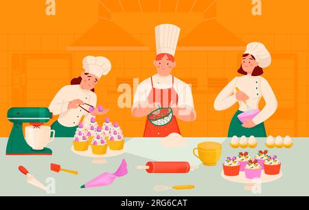 Composizione dello chef pasticcere con una squadra di personaggi cuochi in stile cartone animato che preparano i cupcake da farina e illustrazione vettoriale di impasto Illustrazione Vettoriale