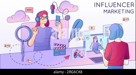 Influencer marketing composizione a linee piatte con immagini di testo e cartoni animati di video blogger e icone di contenuti illustrazione vettoriale Illustrazione Vettoriale