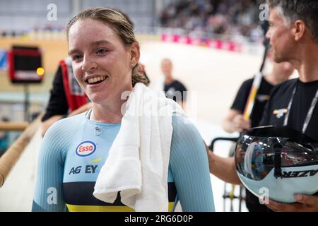 Glasgow, Regno Unito. 7 agosto 2023. Belga Katrijn De Clercq nella foto dopo la gara Women Elite Madison ai Campionati del mondo di ciclismo UCI, a Glasgow, in Scozia, lunedì 07 agosto 2023. L'UCI organizza i mondi con tutte le discipline ciclistiche, ciclismo su strada, ciclismo al chiuso, mountain bike, corse BMX, para-ciclismo su strada e para-ciclismo al coperto, a Glasgow dal 03 al 13 agosto. BELGA PHOTO DAVID PINTENS Credit: Belga News Agency/Alamy Live News Foto Stock