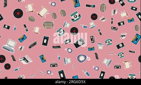 Texture, modello senza cuciture di vecchi adesivi elettronici retrò hipster, tv recorder telefono cellulare, lettore, audiocassetta, videoregistratore, console di gioco, c Illustrazione Vettoriale