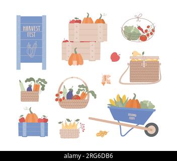Carino set di illustrazioni vettoriali per il mercato agricolo. Cesti, scatole con raccolta, frutta, verdura da vendere. Crea il poster, il banner. Illustrazione Vettoriale