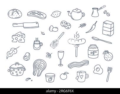 Set vettoriale di doodles di cottura di elementi isolati. Graziose illustrazioni di doodle, collezione di utensili, utensili da cucina, cibo, ingredienti per i pasti, cucina Illustrazione Vettoriale