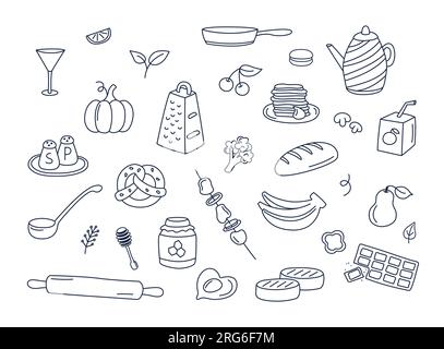 Set vettoriale di elementi isolati per cibo e utensili da cucina. Illustrazioni dei doodle da cucina, collezione di utensili, ingredienti per i pasti e oggetti da cucina. Illustrazione Vettoriale