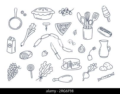 Set vettoriale di doodles culinari di elementi di cottura isolati. Illustrazioni di Doodle: Collezione di utensili, utensili da cucina, cibo, ingredienti, oggetti da cucina Illustrazione Vettoriale