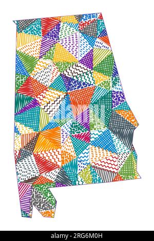 Mappa in stile bambini dell'Alabama. Poligoni disegnati a mano a forma di Alabama. Illustrazione vettoriale. Illustrazione Vettoriale