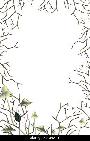 Modello di striscione carta acquerello con sgabelli, rami e insetti disegnati a mano su sfondo bianco. Decorazione per halloween, invito Foto Stock