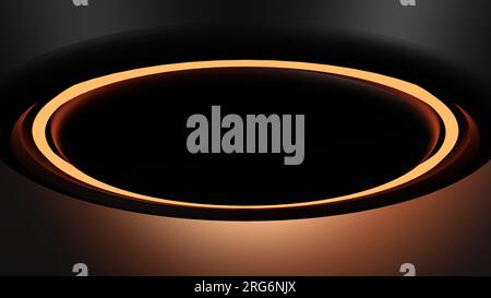 Un oggetto scintillante di fantascienza rotondo dall'alto con sfondo elegante e moderno dell'immagine di rendering 3D arancione e nero. Illustrazione 3d di alta qualità Foto Stock