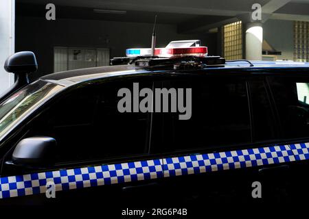 Parte del veicolo della polizia con torce elettriche Foto Stock