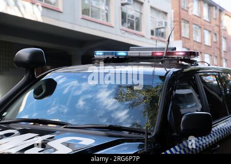 Parte del veicolo della polizia con torce elettriche Foto Stock