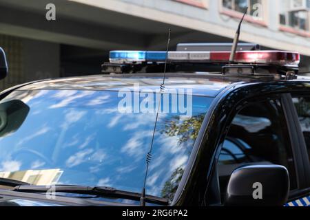 Parte del veicolo della polizia con torce elettriche Foto Stock