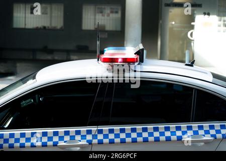 Parte del veicolo della polizia con torce elettriche Foto Stock