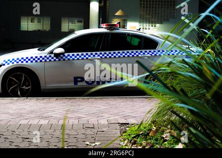 Parte del veicolo della polizia con torce elettriche Foto Stock