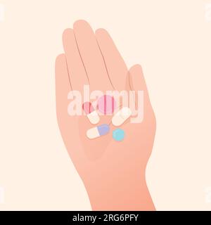 mano che contiene molte pillole, vitamine, sonorità - illustrazione vettoriale Illustrazione Vettoriale