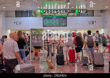 04.08.2023. Barcelona, ​​Spain, Barcelona Sants Station piena di persone in attesa di prendere il treno a lunga distanza Foto Stock