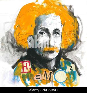 27 febbraio 2020, ritratto per il genio fisico Albert Einstein realizzato con colori acrilici e tecnica Collage dall'artista Khaldoun Azzam Foto Stock
