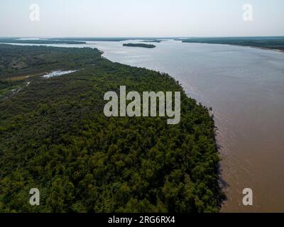 Veduta aerea dell'enorme fiume e della linea vitale del Rio Paraná nella provincia di Entre Rios, nella Mesopotamia argentina, in viaggio in Sud America Foto Stock