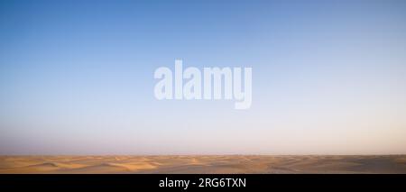 Ampio paesaggio desertico nel Sahara, Tunisia, con infinite dune di sabbia sotto un cielo azzurro, una scena di viaggio minimalista in Nord Africa Foto Stock