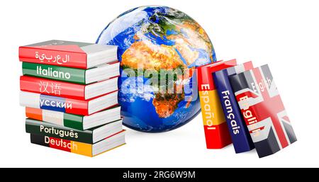 Libri di testo o dizionari con Earth Globe. Global Language Learning, rendering 3D isolato su sfondo bianco Foto Stock