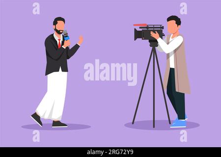 Disegno grafico piatto uomo arabo reporter, operatore. Giornalista in esecuzione. Icona giornalisti in onda. Video cameraman che filma reporter di notizie W Foto Stock