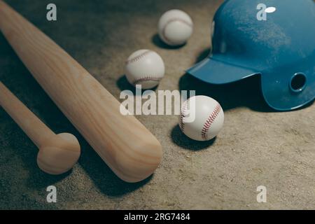 Mazze da baseball, palle e caschi a terra, rendering 3d. Foto Stock