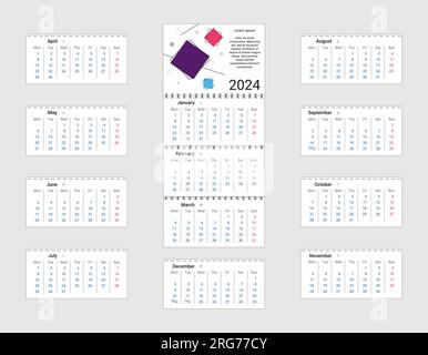 Calendario 2024. Calendario trimestrale della parete con numeri di settimana.  Inizio settimana da lunedì. Pronto per la stampa, a colori: Nero, rosso, oro.  Illustrazione vettoriale Immagine e Vettoriale - Alamy