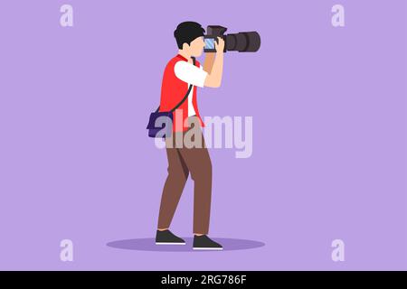 Disegno in stile cartoni animati vista laterale di un fotografo che tiene una fotocamera e fotografa. Logo della professione creativa o della professione. Felice ta maschio Foto Stock