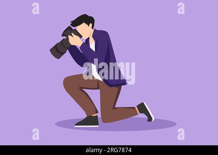 Stile piatto dei cartoni animati che disegna un fotografo maschio inginocchiato e scatta foto. Attrezzature fotografiche per giornalista. Fotocamera digitale ad alta risoluzione. Studio Foto Stock