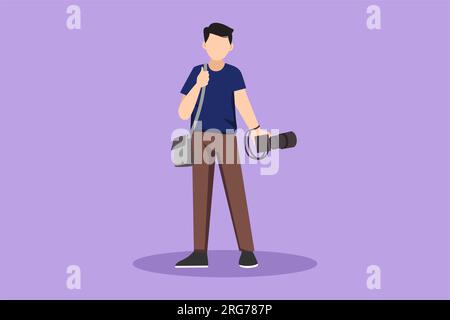 Cartone animato in stile piatto disegnando un giovane fotografo maschio in piedi e tenendo in mano la macchina fotografica con la borsa nello studio fotografico. Fotografo che utilizza una fotocamera professionale per ta Foto Stock