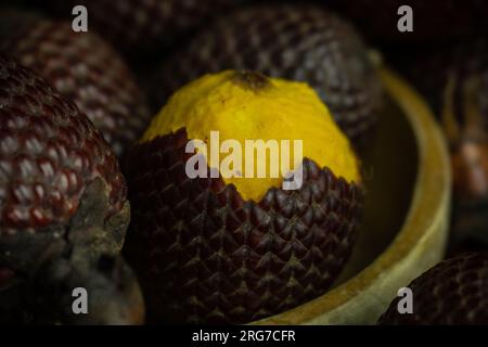 L'Aguaje è un frutto molto apprezzato in Amazzonia per il suo sapore e le sue proprietà nutrizionali Foto Stock