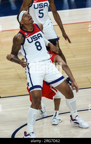 7 agosto 2023: L'attaccante degli Stati Uniti Paolo Banchero (8) esce durante la seconda metà dell'USA Basketball Showcase con USA vs. Puerto Rico alla T-Mobile Arena il 7 agosto 2023 a Las Vegas, Nevada. Christopher Trim/CSM. Foto Stock