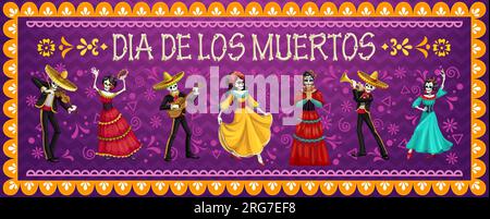 Personaggi messicani dei Dead Day. Festa di carnevale dia de los muertos musicisti mariachi e personaggi Catrin. Gli scheletri vettoriali indossano costumi tradizionali che ballano e suonano chitarra, violino o tromba Illustrazione Vettoriale