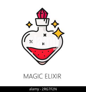 Magia elisir stregoneria e icona magica. Rappresentazione vettoriale lineare e semplice della pozione mistica, che simboleggia potere e incanto. Fiasca fantasy con linea sottile isolata con liquido magico rosso e scintille Illustrazione Vettoriale