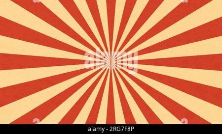 Raggi solari rétro da circo o carnevale. Layout di sfondo vintage, sunbeam Burst. Sfondo vettoriale con strisce irradianti rosse e gialle che creano un effetto ipnotico, evocando un senso di nostalgia Illustrazione Vettoriale