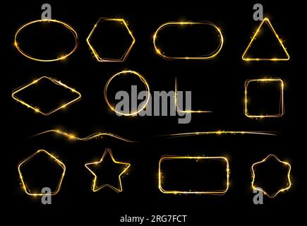 Telai con scintille di fiamma, effetto luce soffusa. Bordi vettoriali, linee e spigoli su sfondo nero. Cerchio luminoso oro, quadrato, stella, rombo e triangolo, Pentagono ed esagono glitter magico dorato Illustrazione Vettoriale