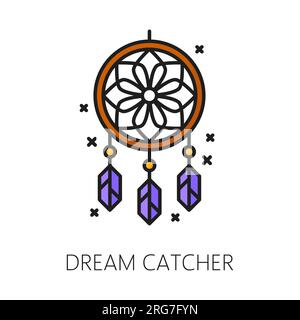 Stregoneria da sogno e icona magica che simboleggia protezione ed energia positiva. Segno incantato lineare vettoriale isolato con intricata rete e piume per scongiurare gli incubi e invitare un sonno tranquillo Illustrazione Vettoriale