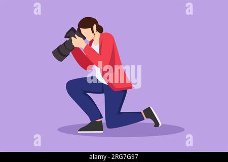 Personaggio piatto disegnatore donna fotografa inginocchiarsi e scattare foto. Attrezzature fotografiche per giornalista. Fotocamera digitale ad alta risoluzione. Studio ph Foto Stock