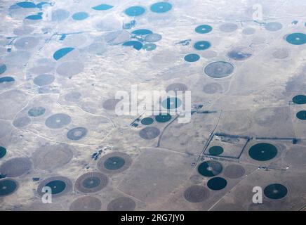 Vista aerea dei campi agricoli circolari nel deserto arabo in Arabia Saudita. Foto Stock