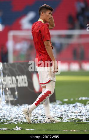 Londra, Regno Unito. 6 agosto 2023. Takehiro Tomiyasu (A) alla partita fa Community Shield Arsenal contro Manchester City allo stadio Wembley, Londra, Regno Unito, il 6 agosto 2023. Credito: Paul Marriott/Alamy Live News Foto Stock
