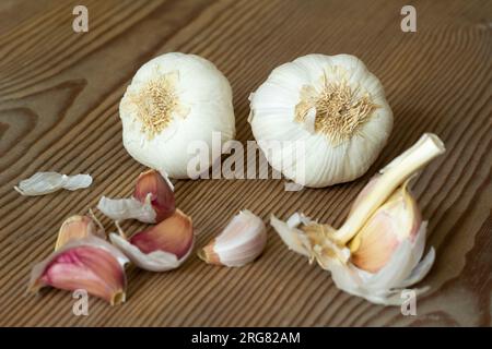 Natura morta di due teste d'aglio e di qualche spicchio d'aglio sullo sfondo di legno. Vista orizzontale. Foto Stock