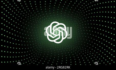 Logo del programma di intelligenza artificiale ChatGPT, azienda OpenAI, su sfondo verde a spirale. Banner con illustrazione vettoriale per notizie. Foto Stock