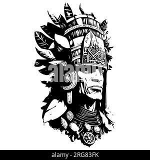 Silhouette nera di un antico indiano azteco isolato su sfondo bianco. Stampa per maglietta. Clipart vettoriale. Foto Stock