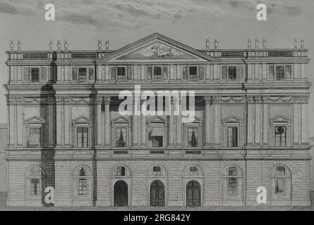 Italia. Milano. La Scala. Vista della facciata principale. Incisione di A. Roca. Los Héroes y las Grandezas de la Tierra. Volume V. 1855. Autore: Antonio Roca Sallent (1813-1864). Incisore spagnolo. Foto Stock